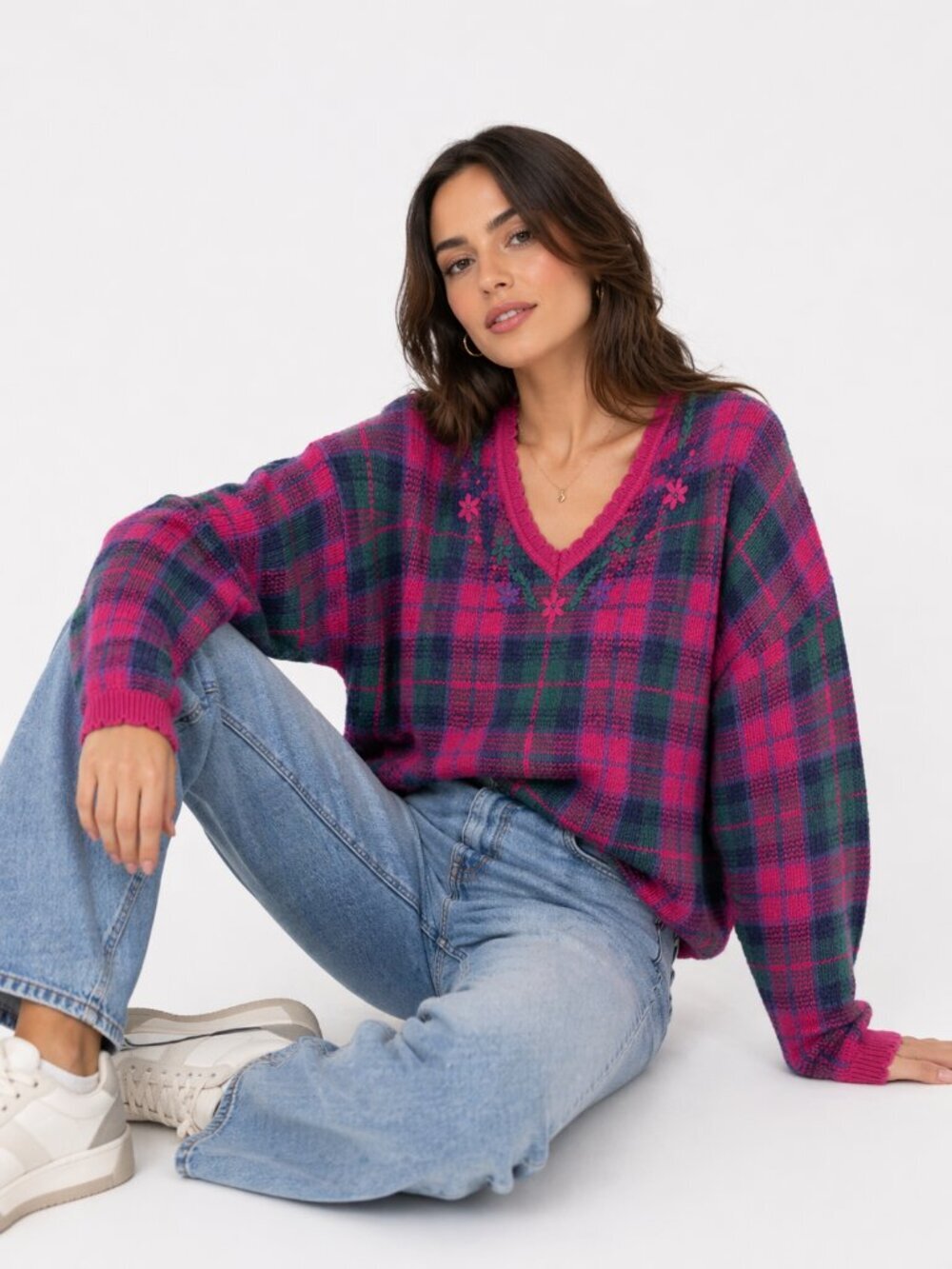 Vintage 80s NORTHERN REFLECTIONS 100% Cotton Plaid V Neck Sweater XL
